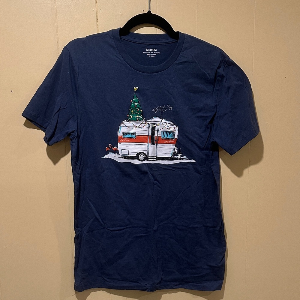 Women's Navy Short Sleeve Tee with Holiday Camper Graphic
